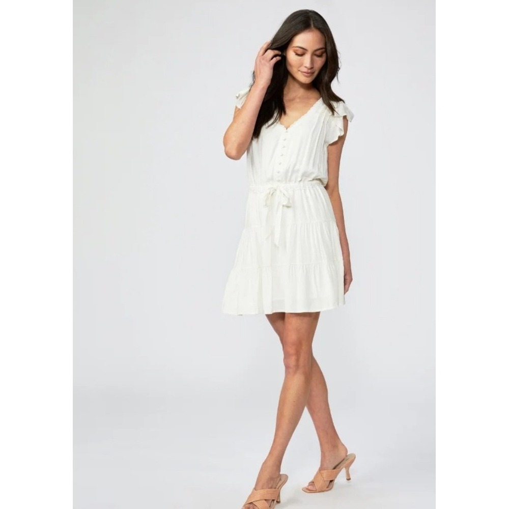 PAIGE Mini Dress Womens Small White Excellent Tiered Flutter Sleeve Dobby